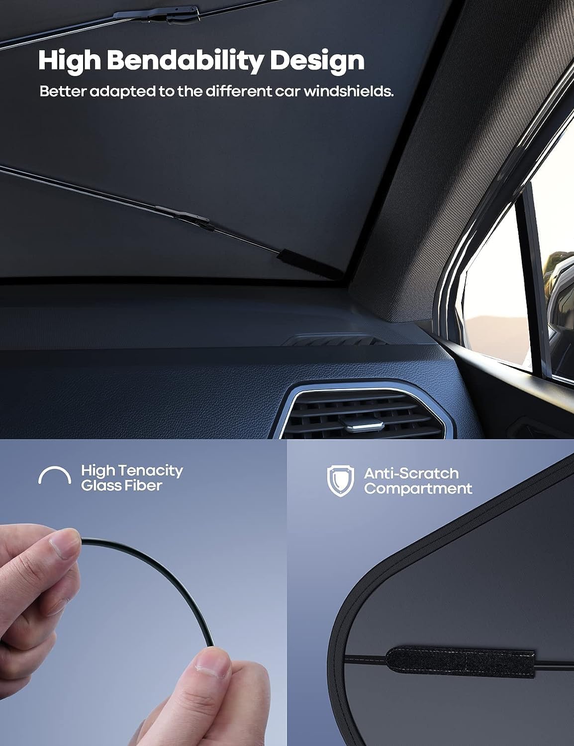 Car Sun Shade Protector Front Glass || Foldable Umbrella for Car Front Window for Protect Vehical from Sun Rays & Heat Damage Keep Cool- Black Color - 20520