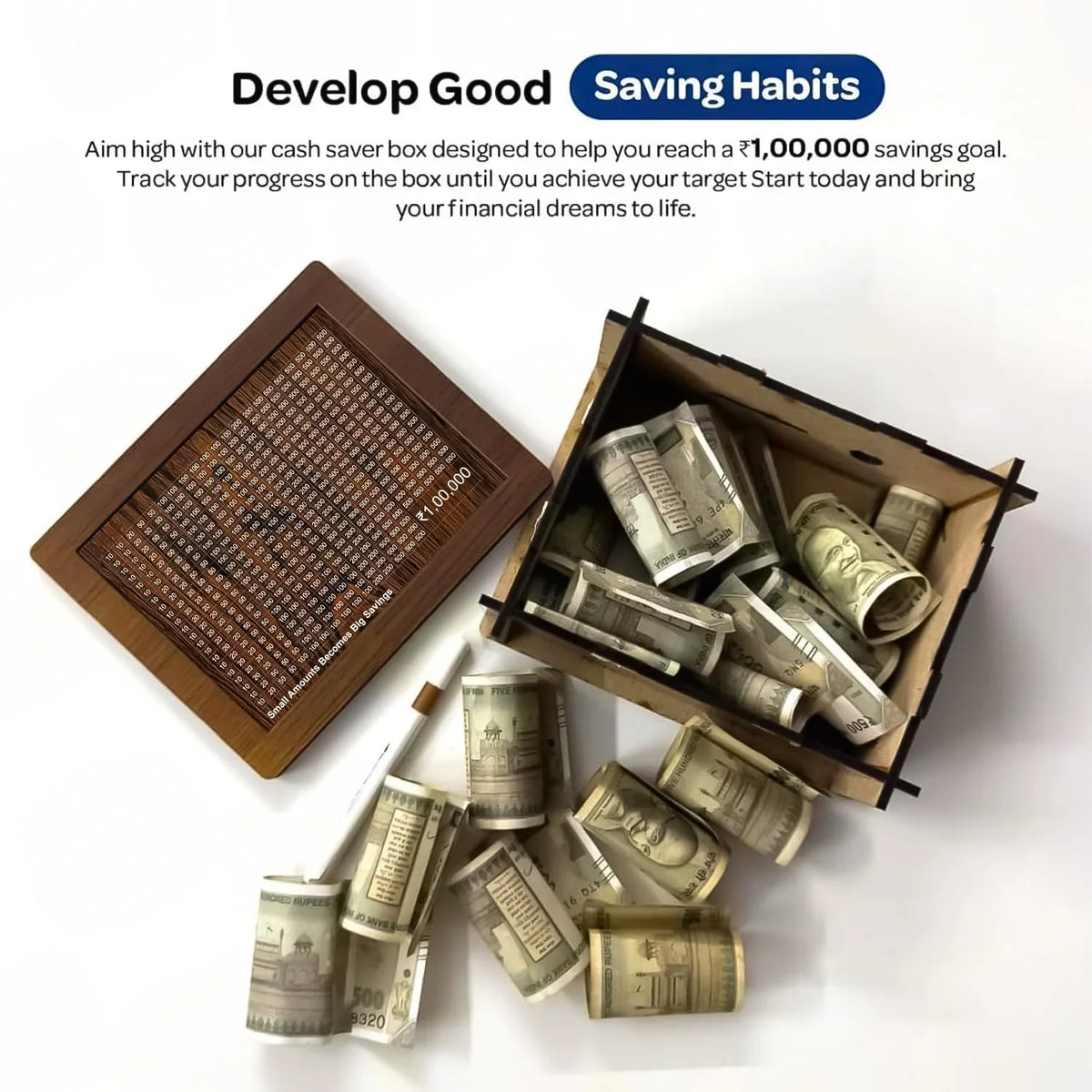 Money Box with Carved Design, Wooden Piggy Bank, Kids Coin Box, 100000 Money Saver, Wooden Coin Bank - 20135