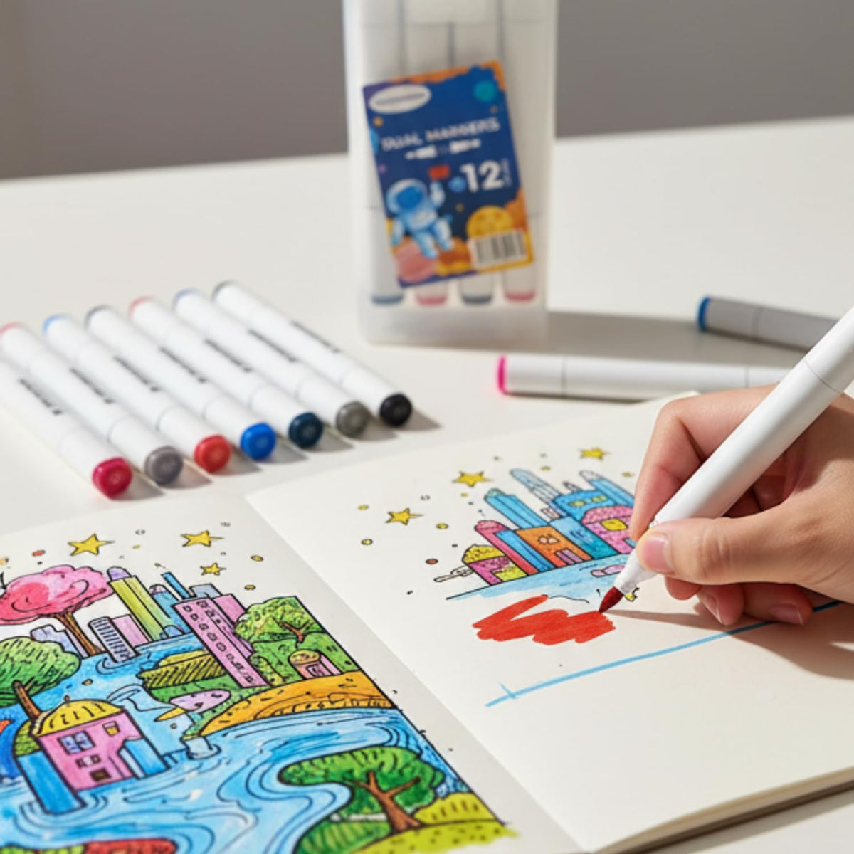 Dual Tip Marker Pens Set of 12 Colors | Fine & Broad Tip Alcohol-Based Art Markers | Professional Drawing, Sketching & Coloring Markers for Artists, Students & Designers - 20501