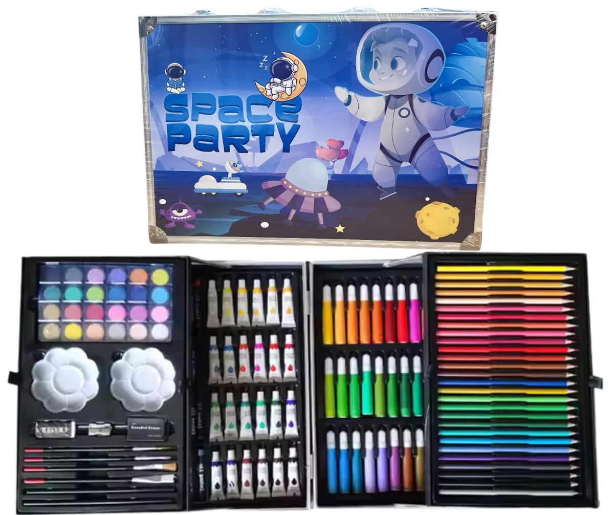145-Piece Kids Art Set with Space Party Case, Complete Drawing and Painting Kit with Markers, Crayons, Watercolours, Art Supplies for Children - 188307