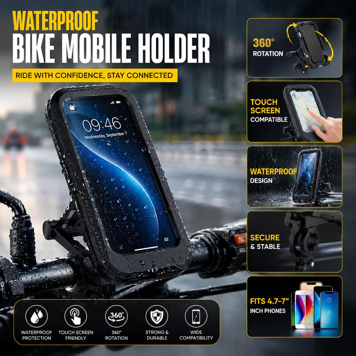 Waterproof Motorcycle Phone Holder, Bike Mobile Holder with Touch Screen, 360° Rotation Metal Handlebar Mount, Universal Mobile Stand for Bicycle, Scooter & Bike - 20869
