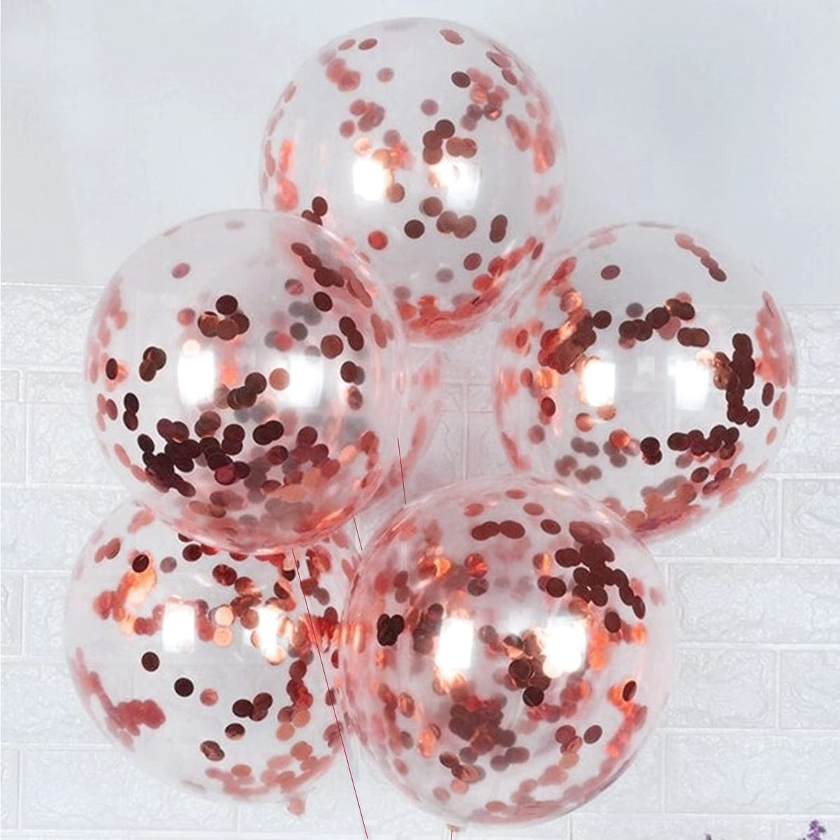 {1Pack 5 Pcs} Transparent Balloons Bouquet Combo with Re Filled Rosegold Confetti & Ribbons for Anniversary, Birthday, Baby Shower, Valentine Day Party Decoration Balloon Bunch - 20759