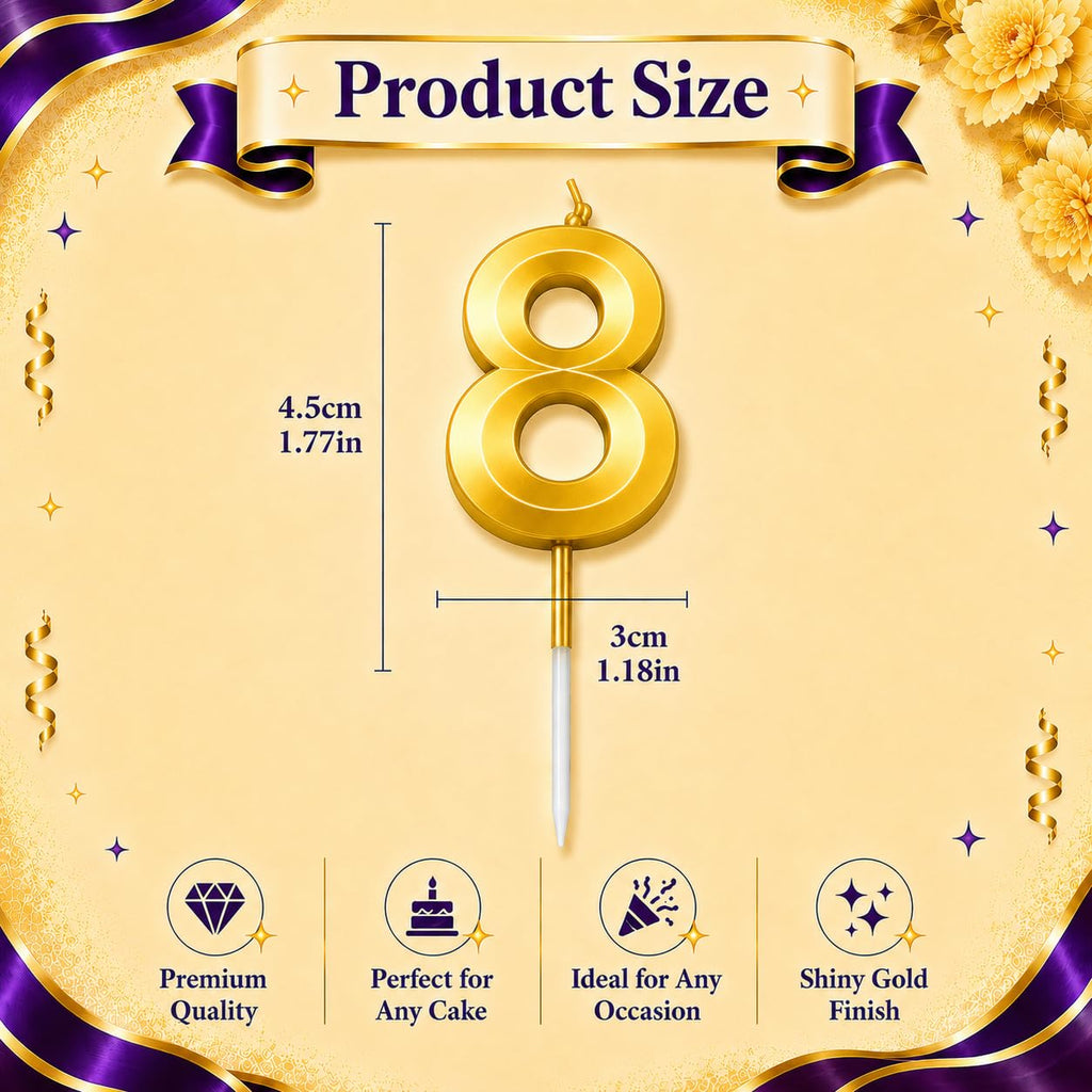 {Pack of 12} Number 8 Birthday Cake Candle, Gold, Shiny Metallic Finish, 4.5cm, Perfect for Any Occasion - 21147