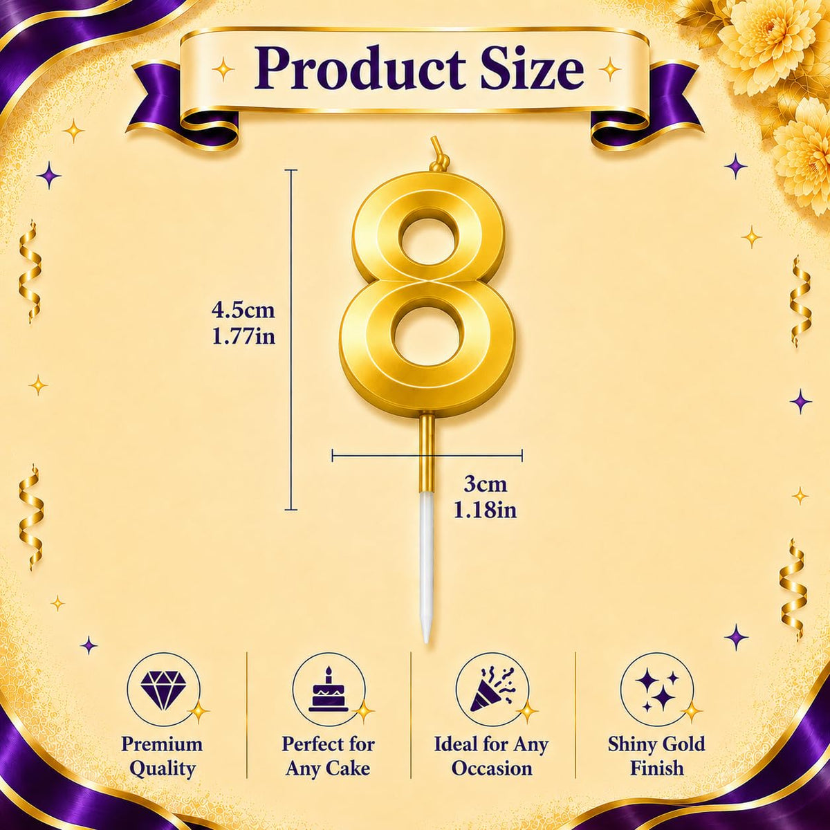 {Pack of 12} Number 8 Birthday Cake Candle, Gold, Shiny Metallic Finish, 4.5cm, Perfect for Any Occasion - 21147
