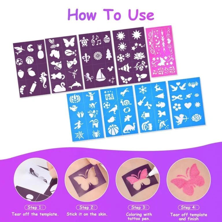 Sketch and Sparkle Tattoo Pens Activity toy Set with Stencils for kids and all (PACK OF 6 MULTICOLOUR) - 10318