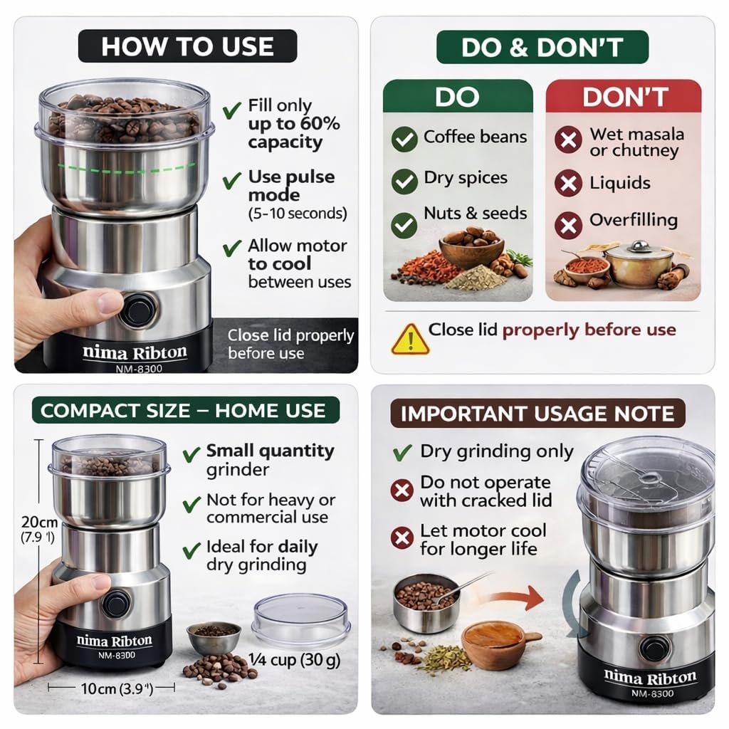 Nima Stainless Steel Multifunctional Electric Grinder & Coffee Maker, Mini Spice and Masala Grinder for Coffee Beans, Nuts and Grains - 8300