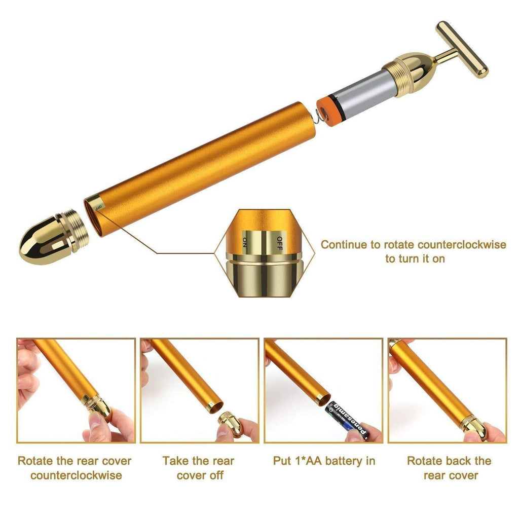 24K Gold Energy Beauty Bar Electric Facial Massager Vibration Face Roller Skin Tightening Anti Aging Tool, Wrinkle Remover for Face Neck Jawline - 20623
