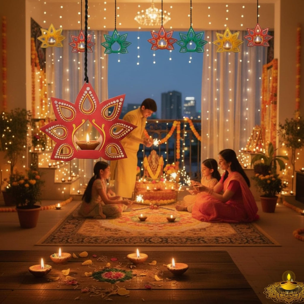 KCH 3087 {Pack of 10} Hanging Festive Mystic Multicolor Printed Paper Lanterns for Home/Office & Many Festive Diwali