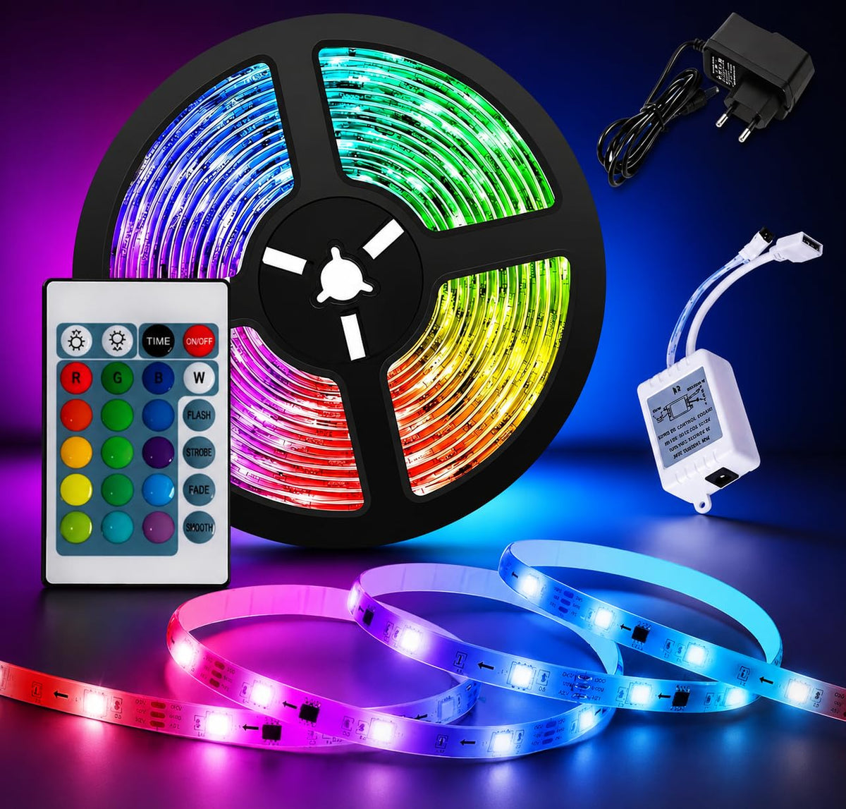 RGB LED Strip Light, 3 Meter, Multi-Color Changing, with Remote Control, Power Adapter and Controller, for Home Decoration, Bedroom, Festivals - 21223