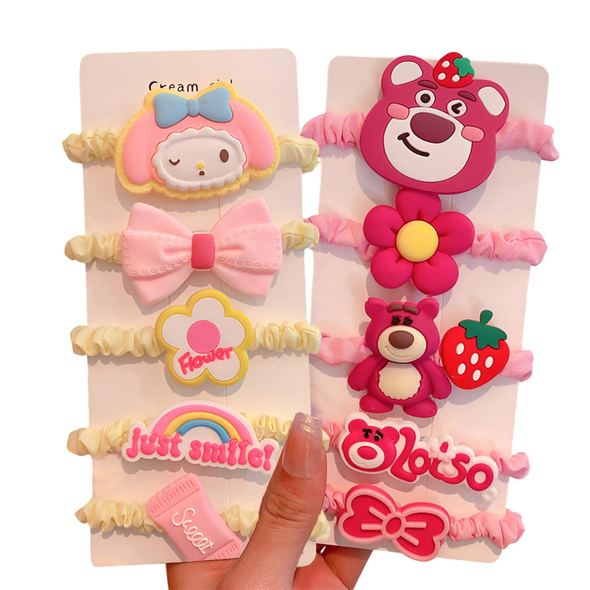 Pack of 5 Hair Tie Rope Set for Girls, Cute Strawberry Bear and Star Dai Bowel Rubber Band Style Hair Accessories (Multicolor) - 20164