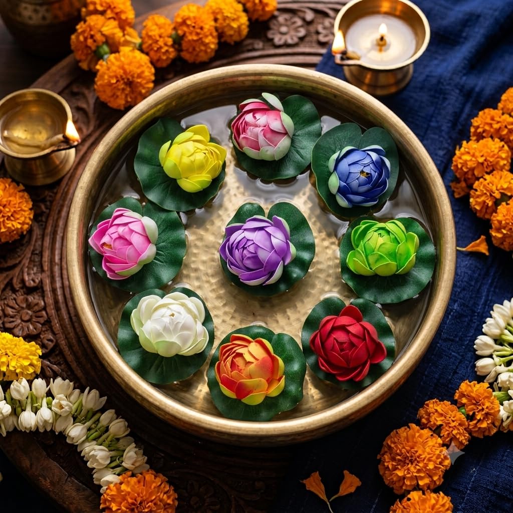 12 Pcs Artificial Floating Lotus Flowers for Wedding Or Party Decoration Bowl, Floating Water Bowl Plants, Flora Living Room Diwali Festival, Pool, Home, Garden & Temple Decor - 21355