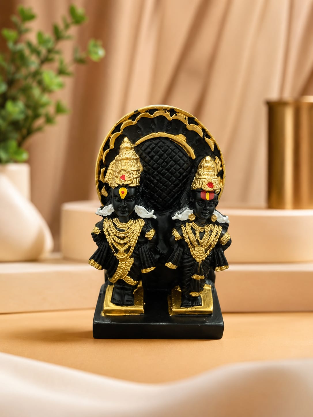lack Resin Vitthal Rukmini Idol with Decorative Arch | Premium Finish Hindu God Statue for Home Temple, Office & Gifting | Handcrafted Showpiece {size-9.5cm} - 21134