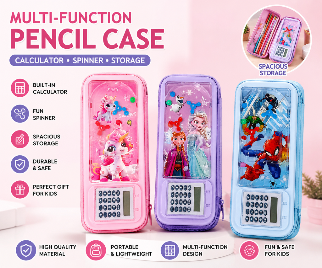 Calculator Plastic Pencil Box , With Game On top Cover - Pouch {Random Design} - 1881117