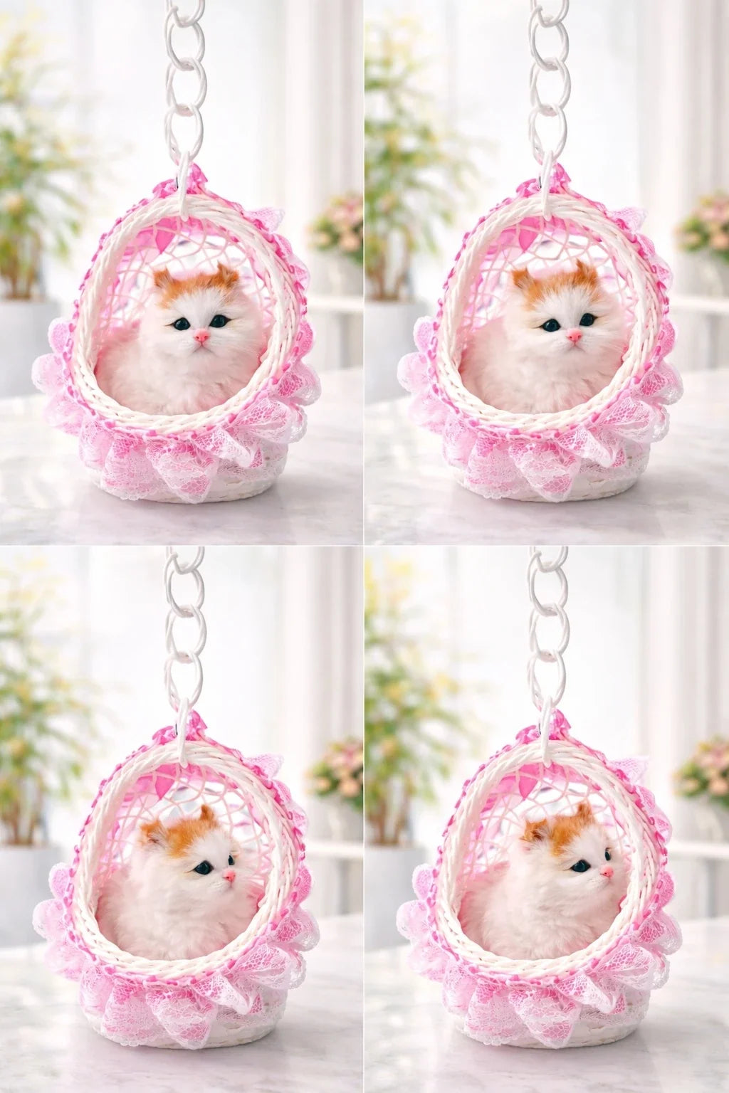 Fluffy Cat With Sound Plush Figurine in Hanging Basket, with Colorful Lights & Music White, Soft Plush Material, with ON/Off Sound Feature, Home Decor Accent - 20567