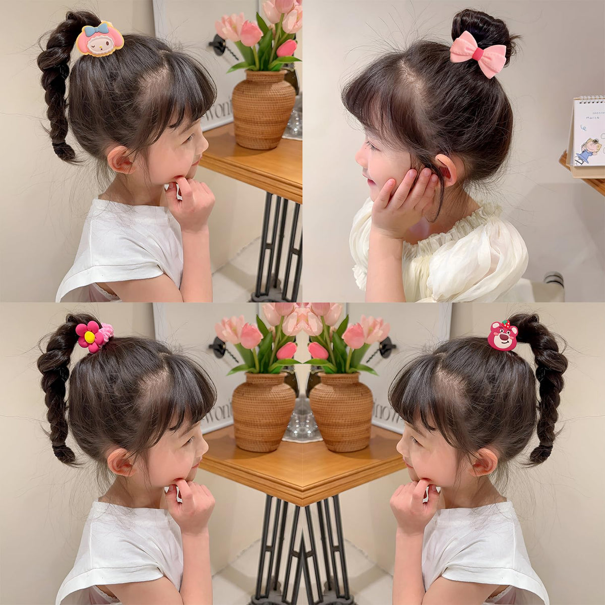 Pack of 5 Hair Tie Rope Set for Girls, Cute Strawberry Bear and Star Dai Bowel Rubber Band Style Hair Accessories (Multicolor) - 20164
