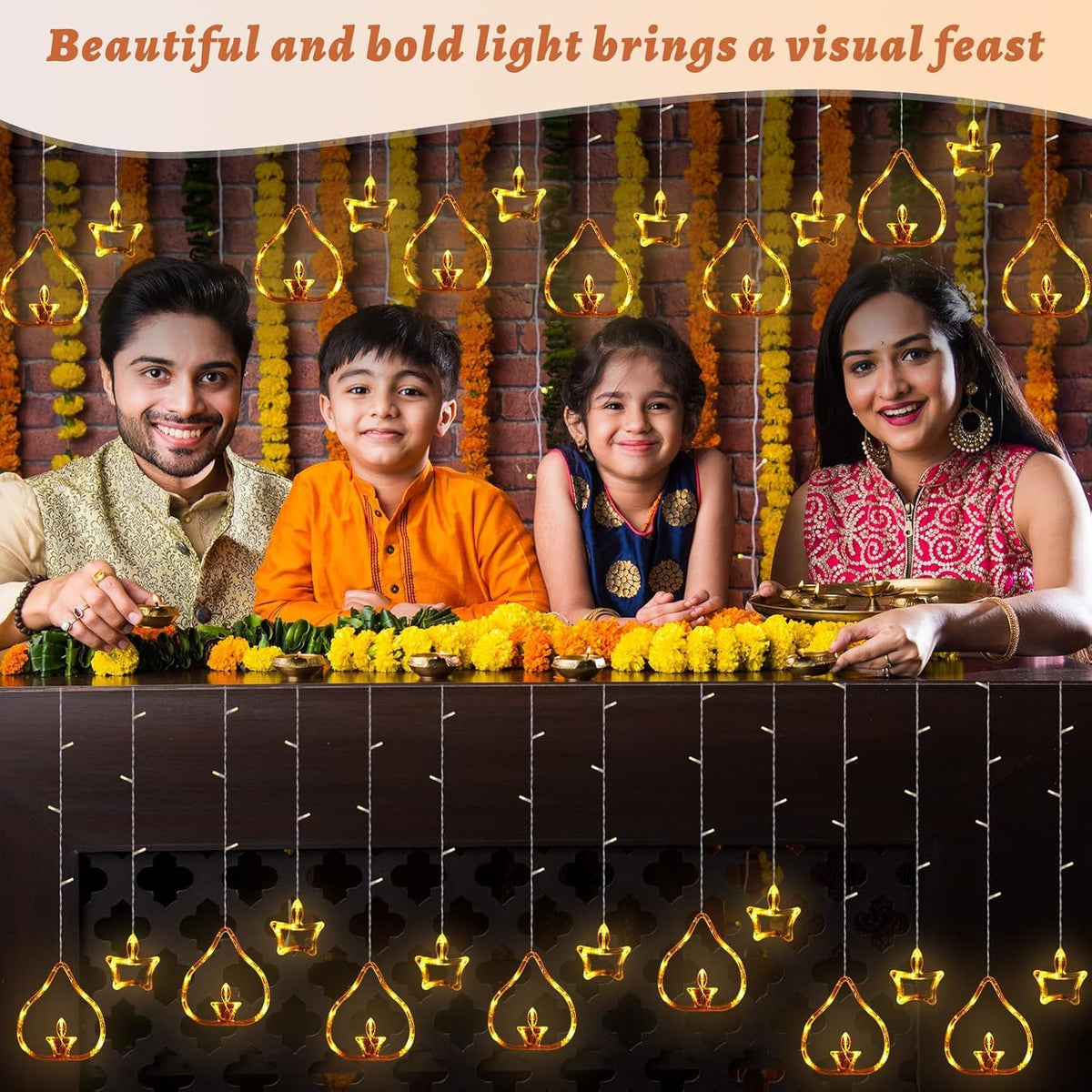 Diya Lights Diwali String Curtain Lights – Warm White Indoor & Outdoor Lights for Home, Wall, Window, Indian Wedding, Garden - 0520