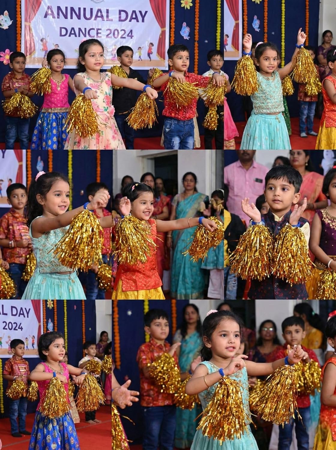 Multicolour Pom Pom with Stick, Cheer Girls Pom Pom for School Annual Day {1 pair} - 20203