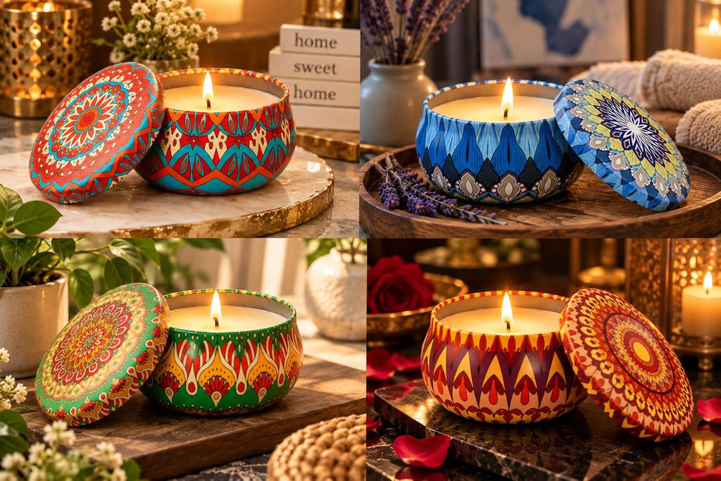 Decorative Scented Candles in Designer Printed Metal Tins | Premium Aromatherapy Candles for Home Décor, Diwali & Gifting - 21359