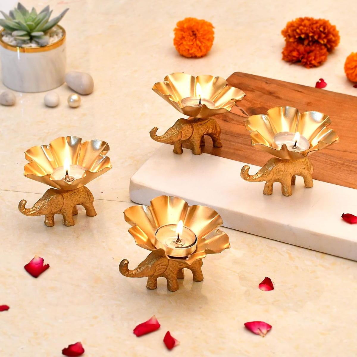 Metal Flower Shaped Tealight Candle Holder with Elephant Base - 20429