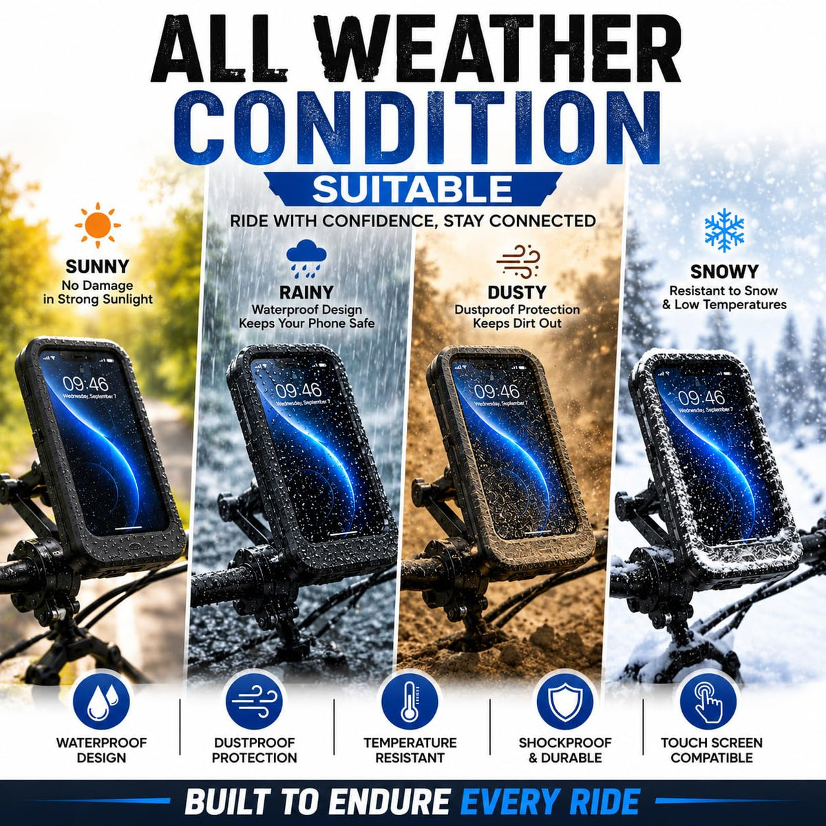 Waterproof Motorcycle Phone Holder, Bike Mobile Holder with Touch Screen, 360° Rotation Metal Handlebar Mount, Universal Mobile Stand for Bicycle, Scooter & Bike - 20869