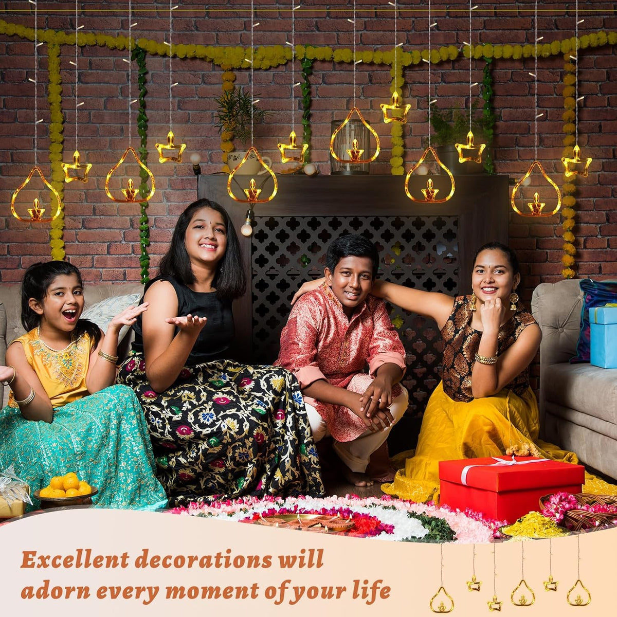 Diya Lights Diwali String Curtain Lights – Warm White Indoor & Outdoor Lights for Home, Wall, Window, Indian Wedding, Garden - 0520