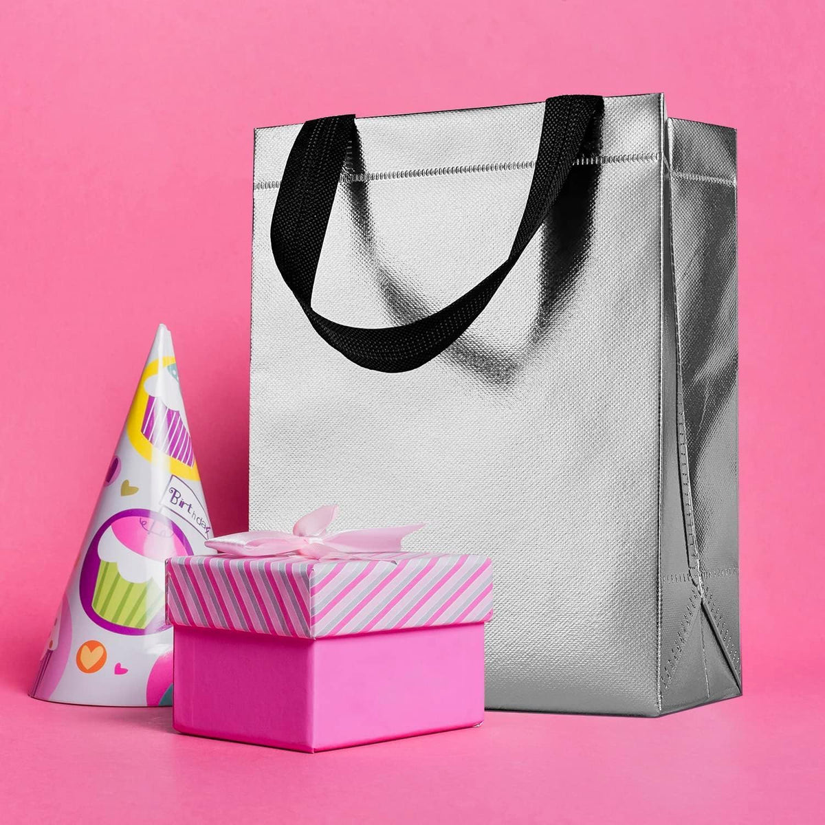 Glossy Metallic Laminated Non-Woven Reusable Eco-Friendly Party Return Gift Bags (Silver) (Pack of 10, Medium) - 21362