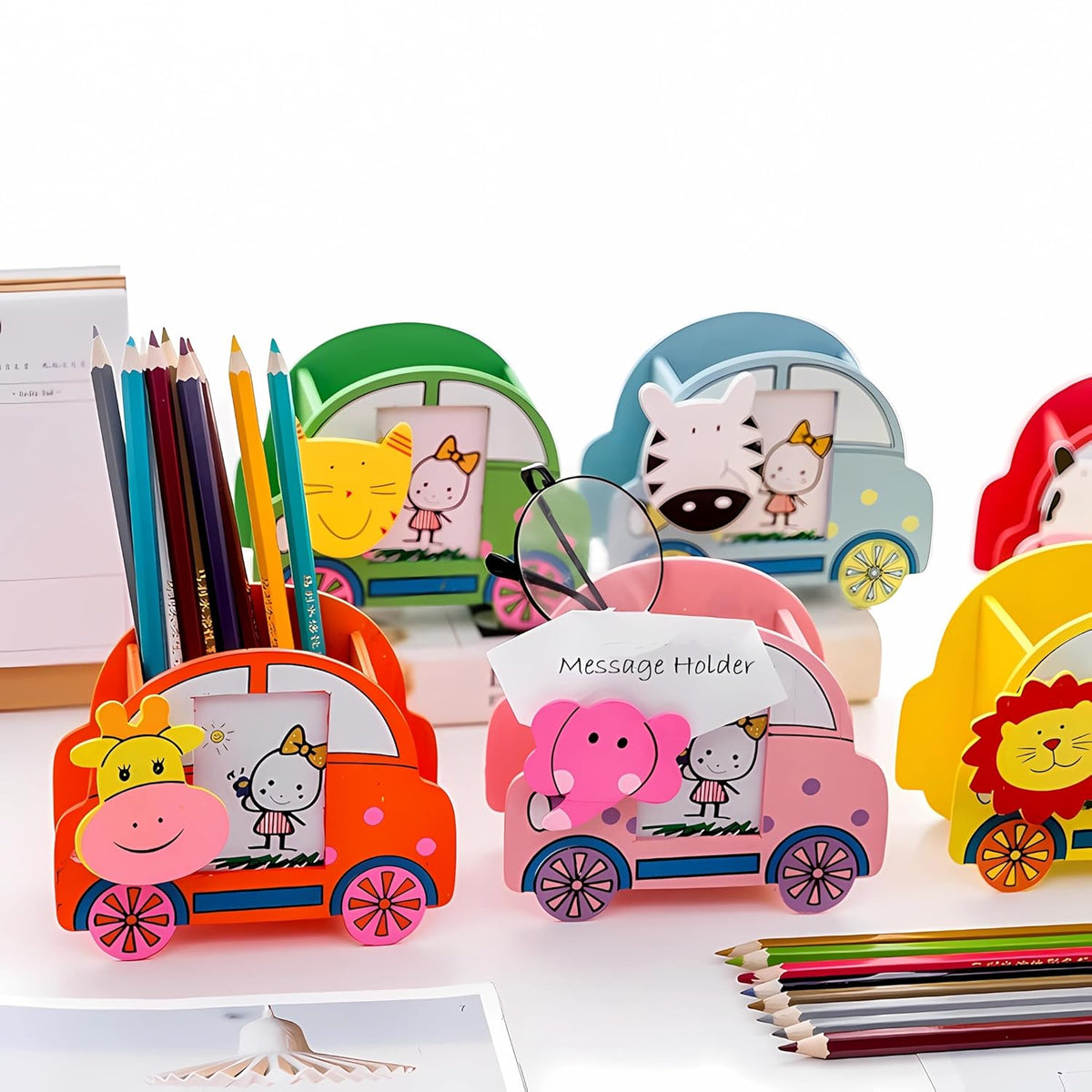 Wooden Pen Stand With Photo Frame | Pen Pencil Brush Craft Storage Container Holder | Birthday Gifts For Kids {Random Design} - 20549