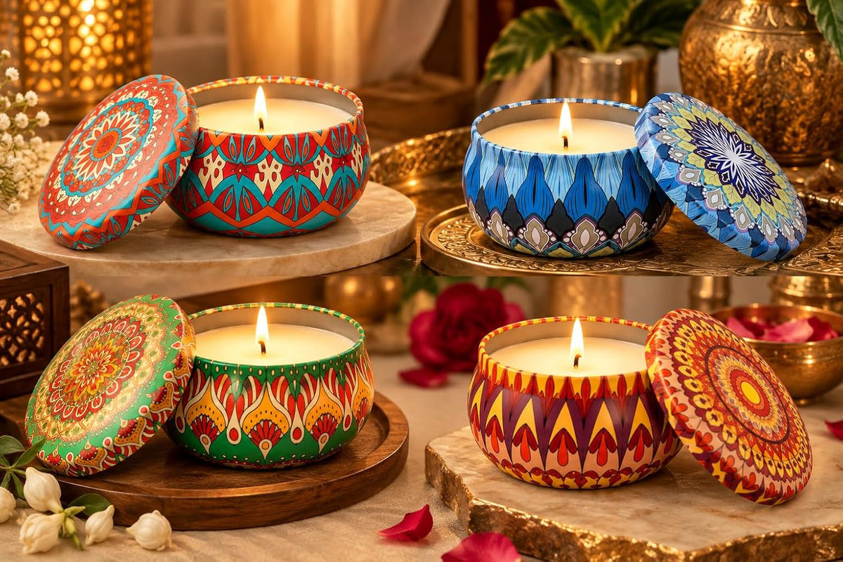 Decorative Scented Candles in Designer Printed Metal Tins | Premium Aromatherapy Candles for Home Décor, Diwali & Gifting - 21359