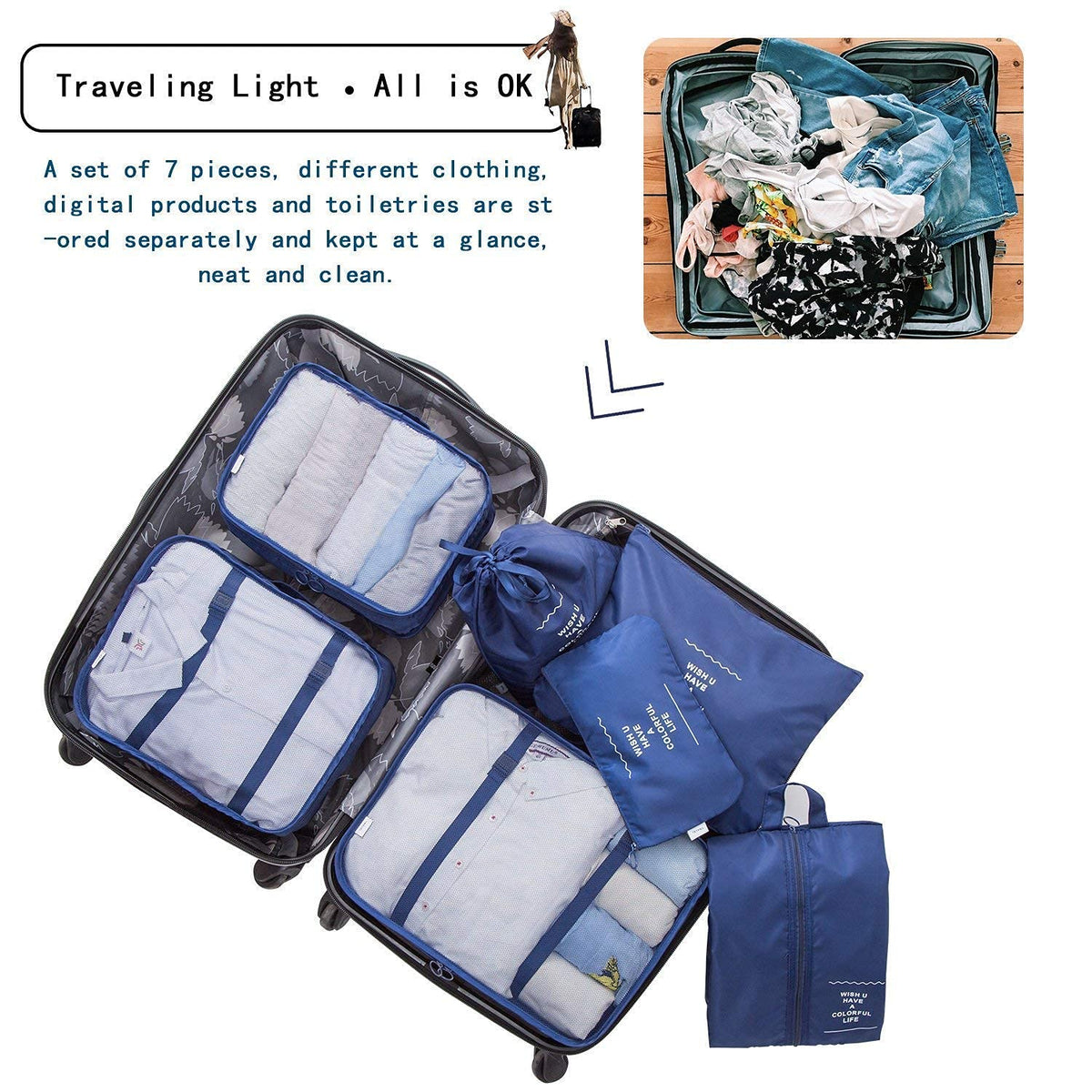 (Set of 7) Packing Cubes for Travel Carry On Luggage, Lightweight Travel Storage Bags for Clothes, Large Luggage Organizers Packing Cubes Set for Travel Bag Suitcase - 21029