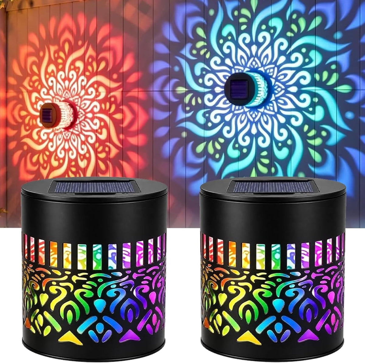 Outdoor Solar Mandala Projector Light, 7-Color Changing Waterproof Metal Wall and Fence Light, Solar Powered Garden Decor for Patio, Backyard, Yard - 21194