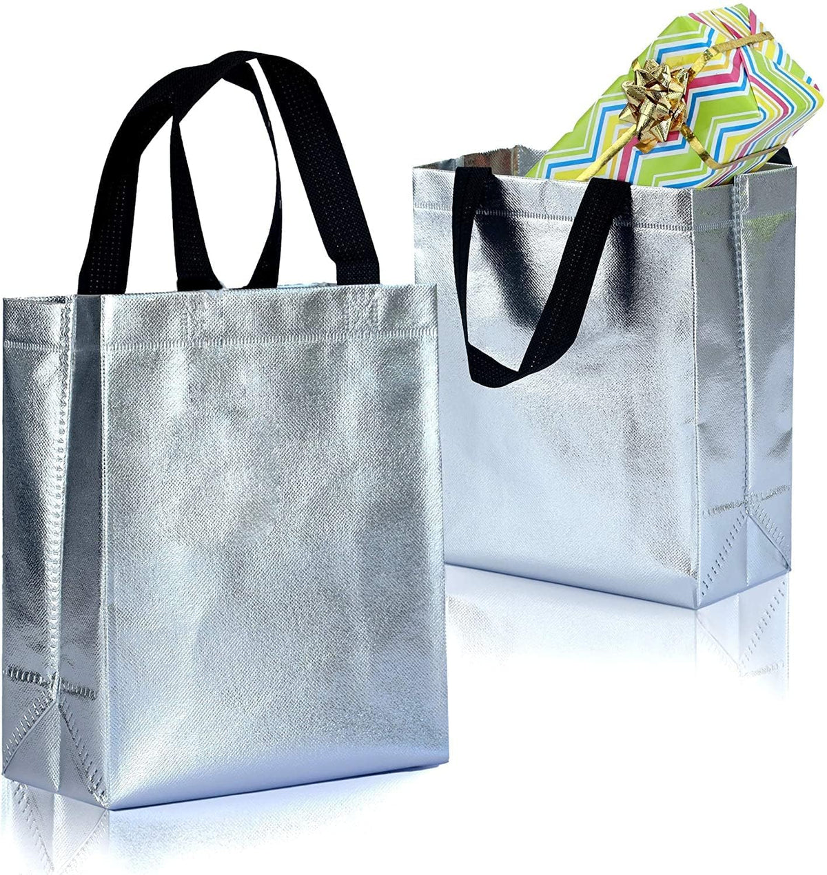 Glossy Metallic Laminated Non-Woven Reusable Eco-Friendly Party Return Gift Bags (Silver) (Pack of 10, Medium) - 21362