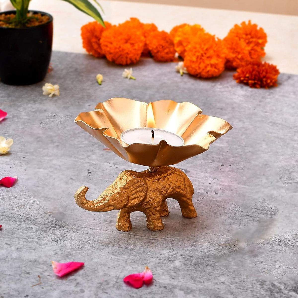 Metal Flower Shaped Tealight Candle Holder with Elephant Base - 20429