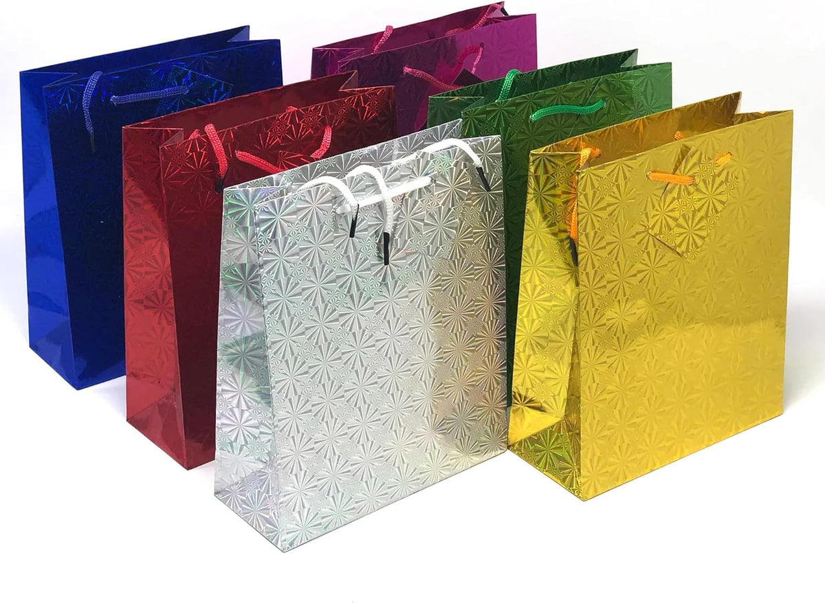 {Pack of 12} Colours Holographic Gift Bags Small Size Christmas Birthday Wedding Favour Present Bags All Occasions - 20741