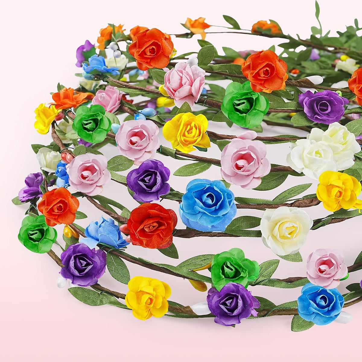 {Pack of 24} Multicolor Flower Tiara Crown Headband ,Floral Headpiece for Birthday Wedding Holiday Fairy Party Favors - 21156