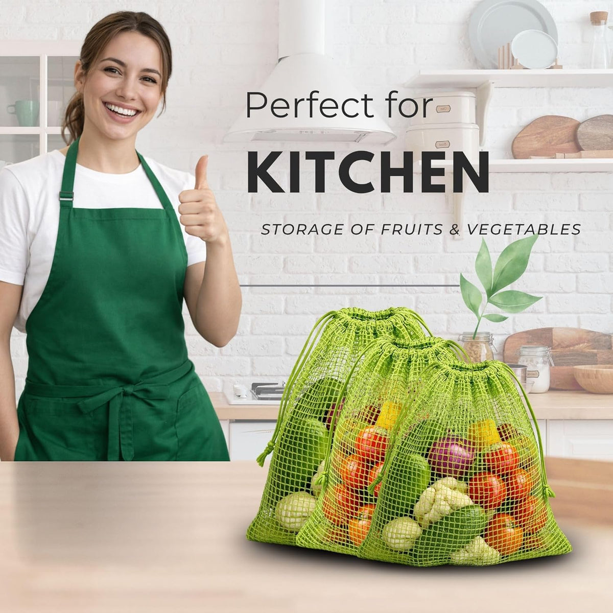 {Pack of 3} Vegetable Bag for Fridge |  fridge storage bags for Fruits & Vegetables | Green Color | 3 Sizes | Reusable | Plastic-Free - 20860