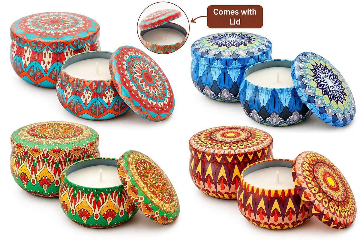Decorative Scented Candles in Designer Printed Metal Tins | Premium Aromatherapy Candles for Home Décor, Diwali & Gifting - 21359