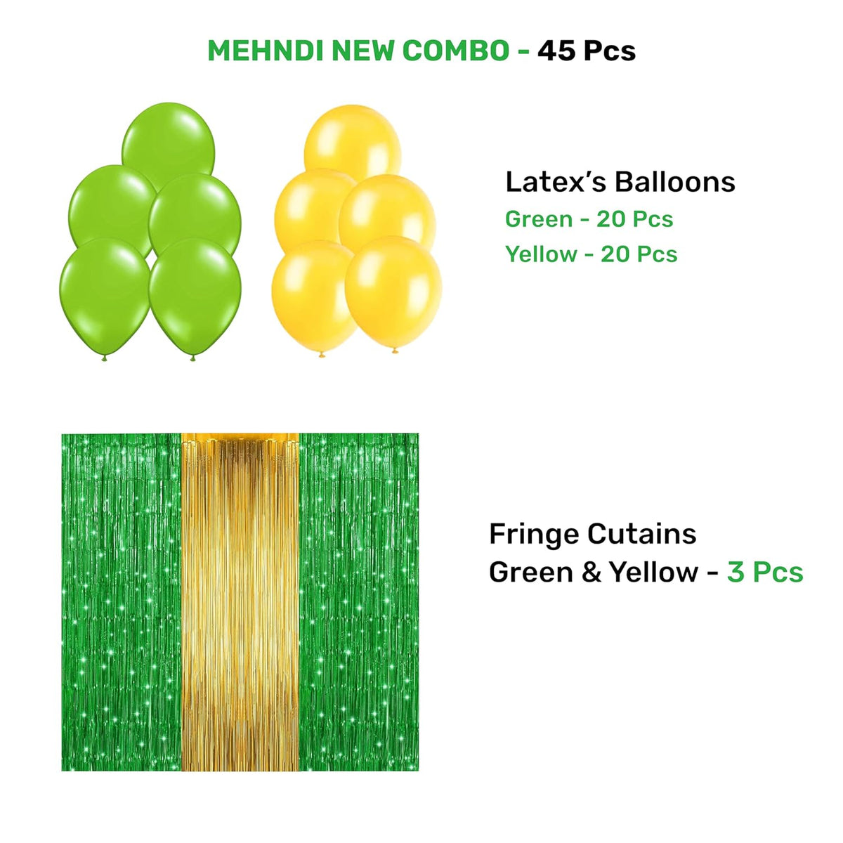 Mehndi Decoration Combo Pack – 45 Pcs | Green & Yellow Balloons, Gliter Banner, Fringe Curtains, Balloon Arch Kit | Wedding, Haldi, Mehndi Ceremony Party Decoration Set - 20666