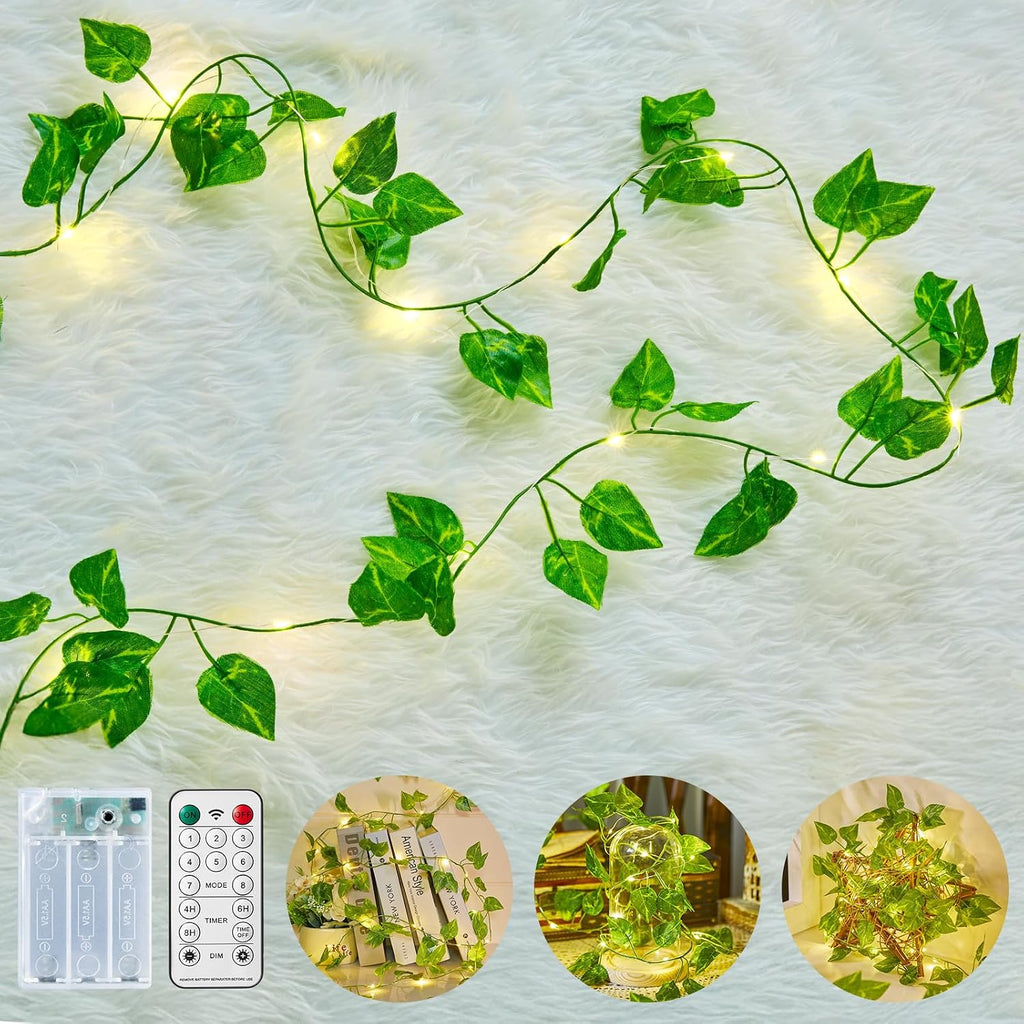 Minetom Vine Fairy Lights  LED Green Pothos Garland Light with Remote Control - Hanging Leaf String Lights for Girls Bedroom Dorm Room Wall Decorations {size-18*9*10cm} - 21114