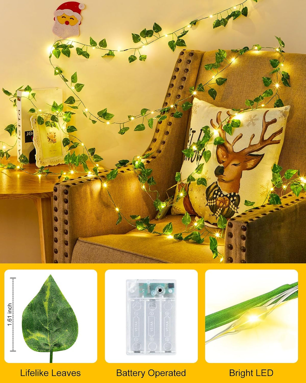 Minetom Vine Fairy Lights  LED Green Pothos Garland Light with Remote Control - Hanging Leaf String Lights for Girls Bedroom Dorm Room Wall Decorations {size-18*9*10cm} - 21114