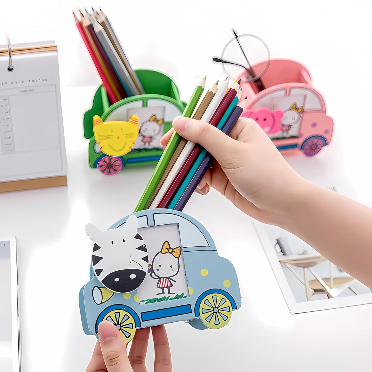 Wooden Pen Stand With Photo Frame | Pen Pencil Brush Craft Storage Container Holder | Birthday Gifts For Kids {Random Design} - 20549