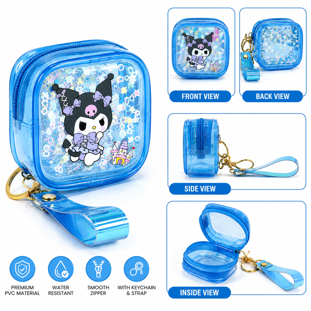 Transparent PVC Mini Coin Pouch with Keychain & Wrist Strap | Cute Cartoon Zipper Wallet | Portable Earbuds & Coin Case - 20919