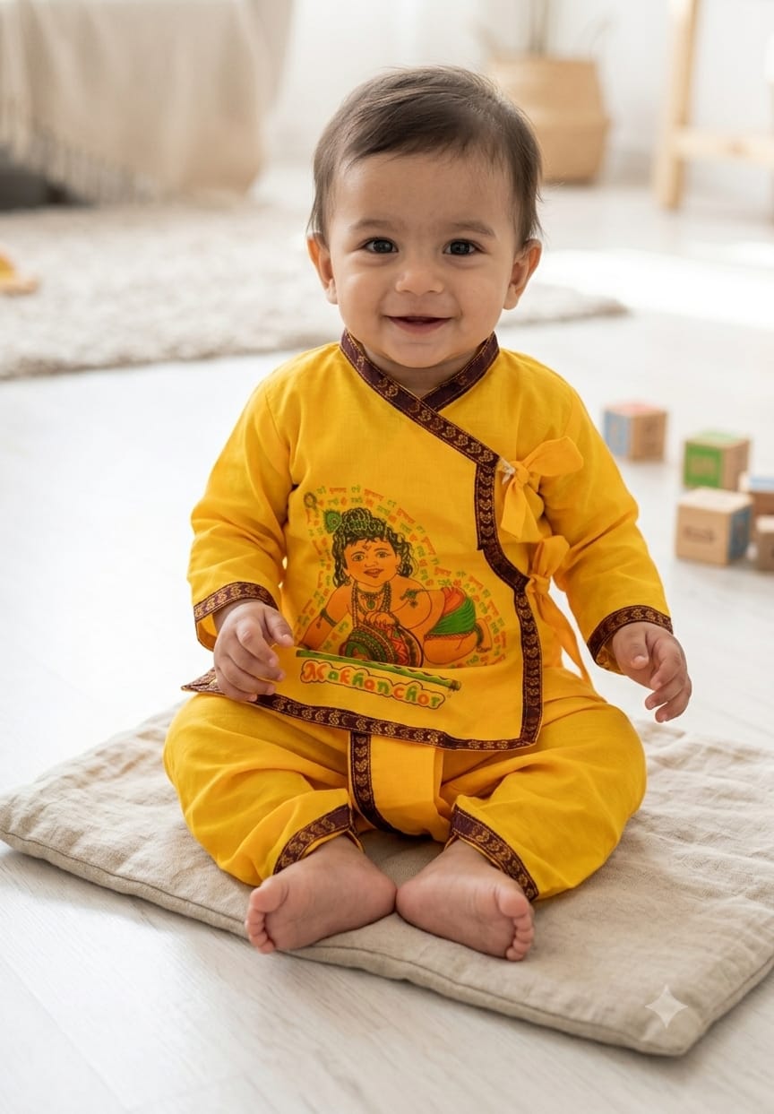 Baby Boy Krishna Traditional Yellow Kurta Dhoti Set with Bal Krishna Print – Festive Ethnic Wear - 21066