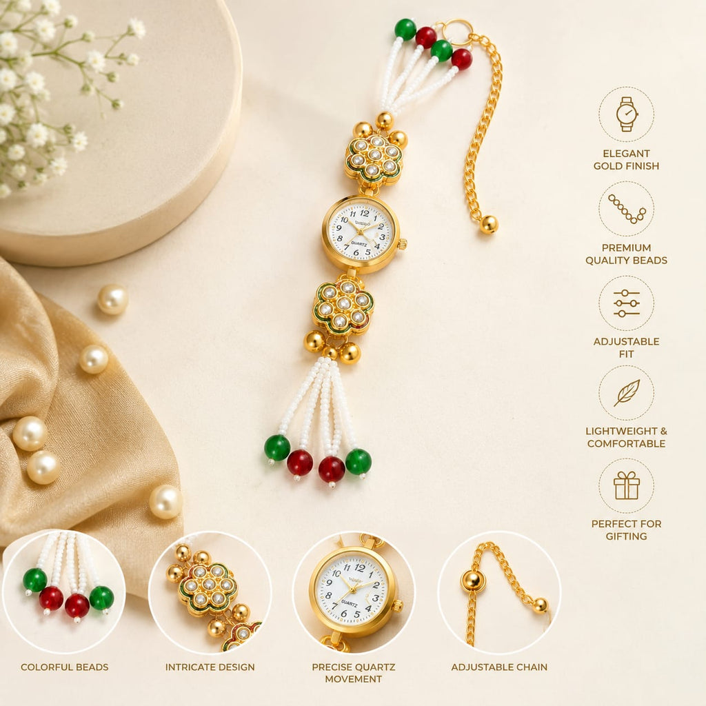 Kashmiri Kundan Meenakari Bracelet Watch for Women, Gold-Plated Floral Enamel, Adjustable Chain with Pearl Charms {Random Design} - 20826