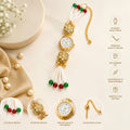 Kashmiri Kundan Meenakari Bracelet Watch for Women, Gold-Plated Floral Enamel, Adjustable Chain with Pearl Charms {Random Design} - 20826