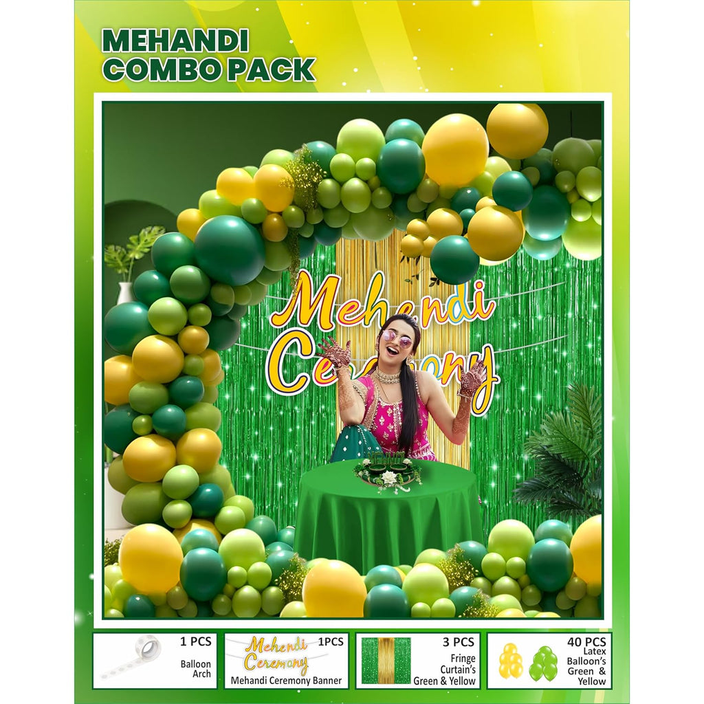 Mehndi Decoration Combo Pack – 45 Pcs | Green & Yellow Balloons, Gliter Banner, Fringe Curtains, Balloon Arch Kit | Wedding, Haldi, Mehndi Ceremony Party Decoration Set - 20666