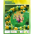 Mehndi Decoration Combo Pack – 45 Pcs | Green & Yellow Balloons, Gliter Banner, Fringe Curtains, Balloon Arch Kit | Wedding, Haldi, Mehndi Ceremony Party Decoration Set - 20666