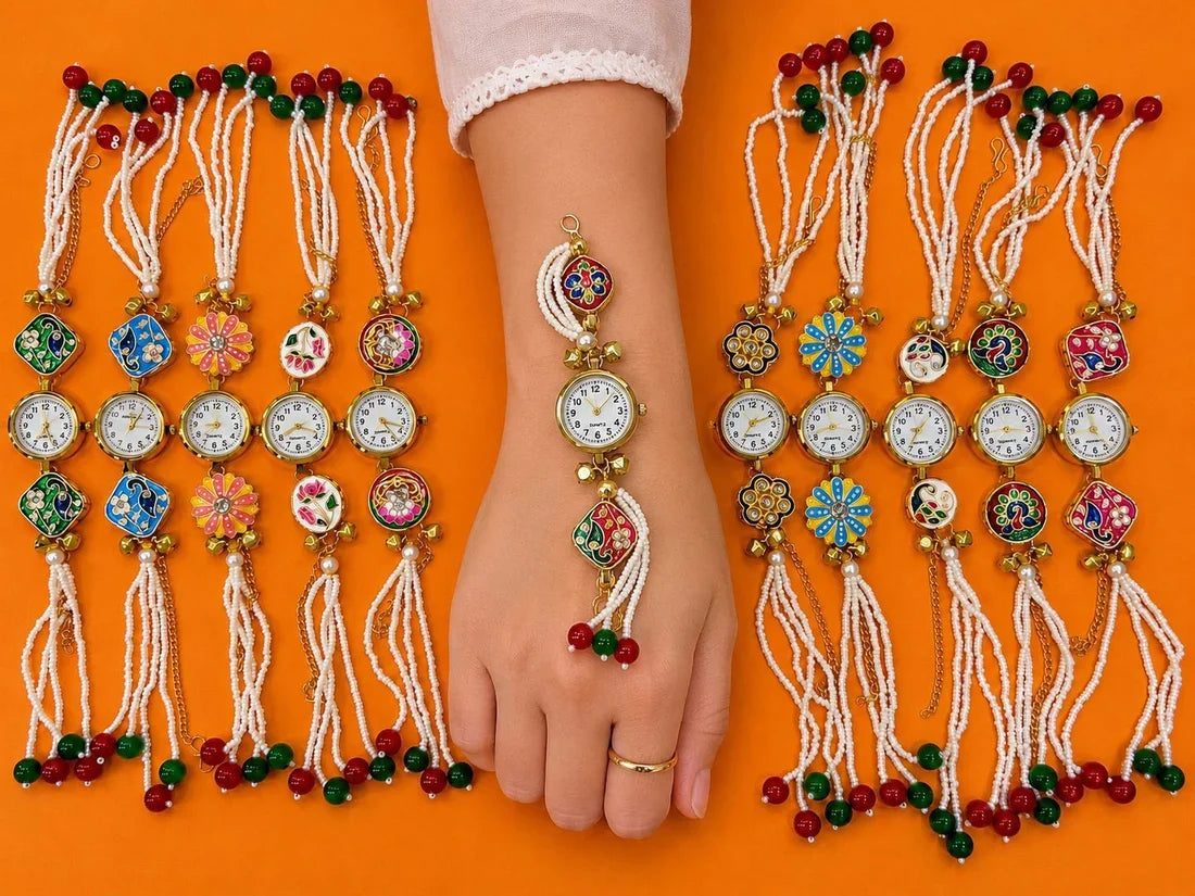 Kashmiri Kundan Meenakari Bracelet Watch for Women, Gold-Plated Floral Enamel, Adjustable Chain with Pearl Charms {Random Design} - 20826