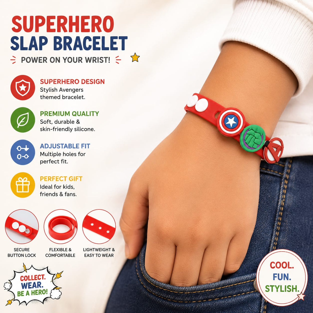 Superhero Silicone Bracelet for Kids | Adjustable Cartoon Wristband | Soft Rubber Band {Random Design} - 20819