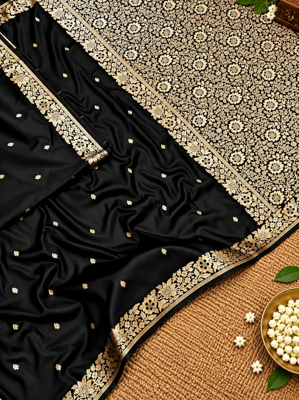 Premium Black Muga Banarasi Saree with All-Over Floral Handwork & Rich Woven Pallu