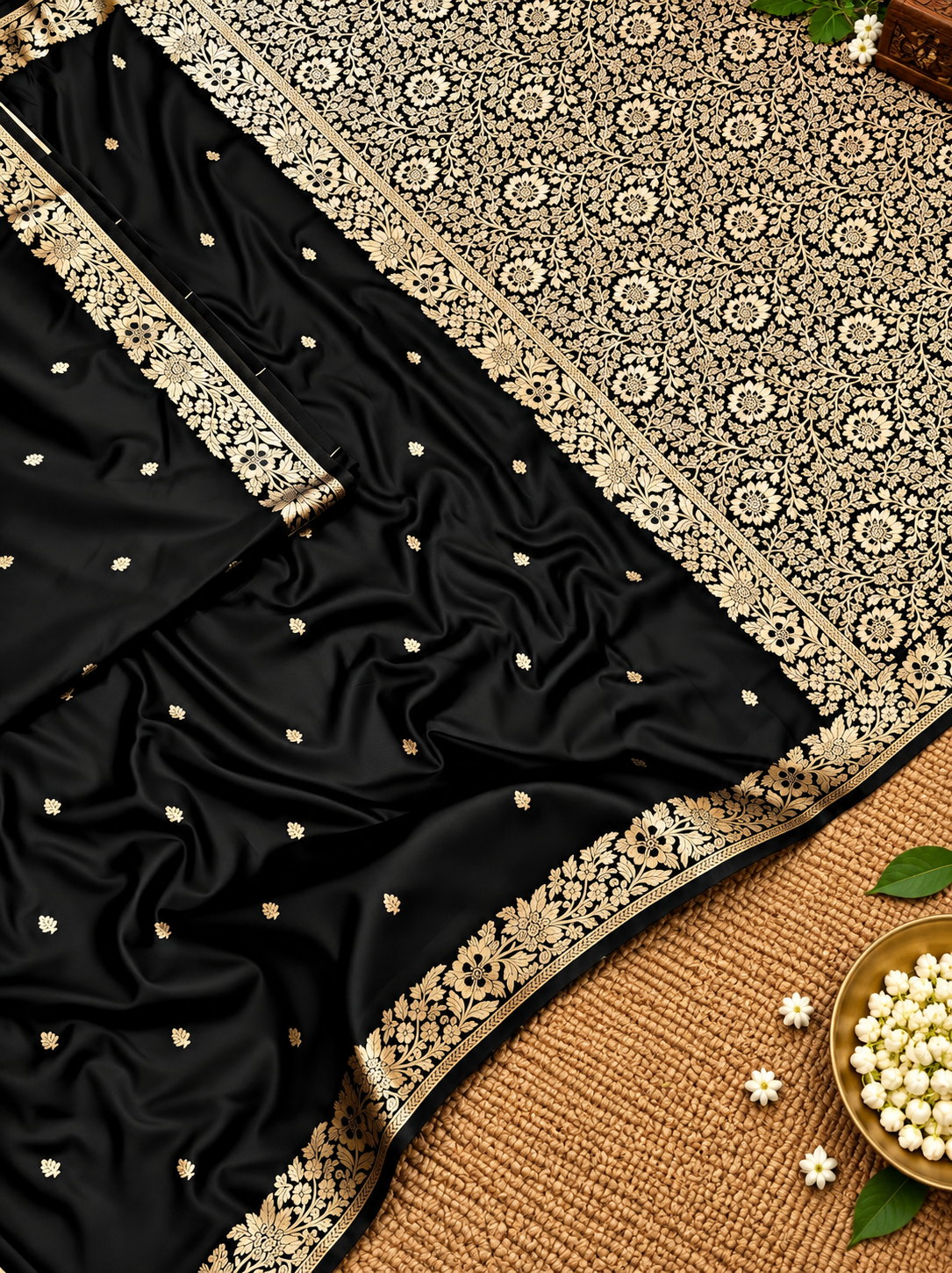 Premium Black Muga Banarasi Saree with All-Over Floral Handwork & Rich Woven Pallu